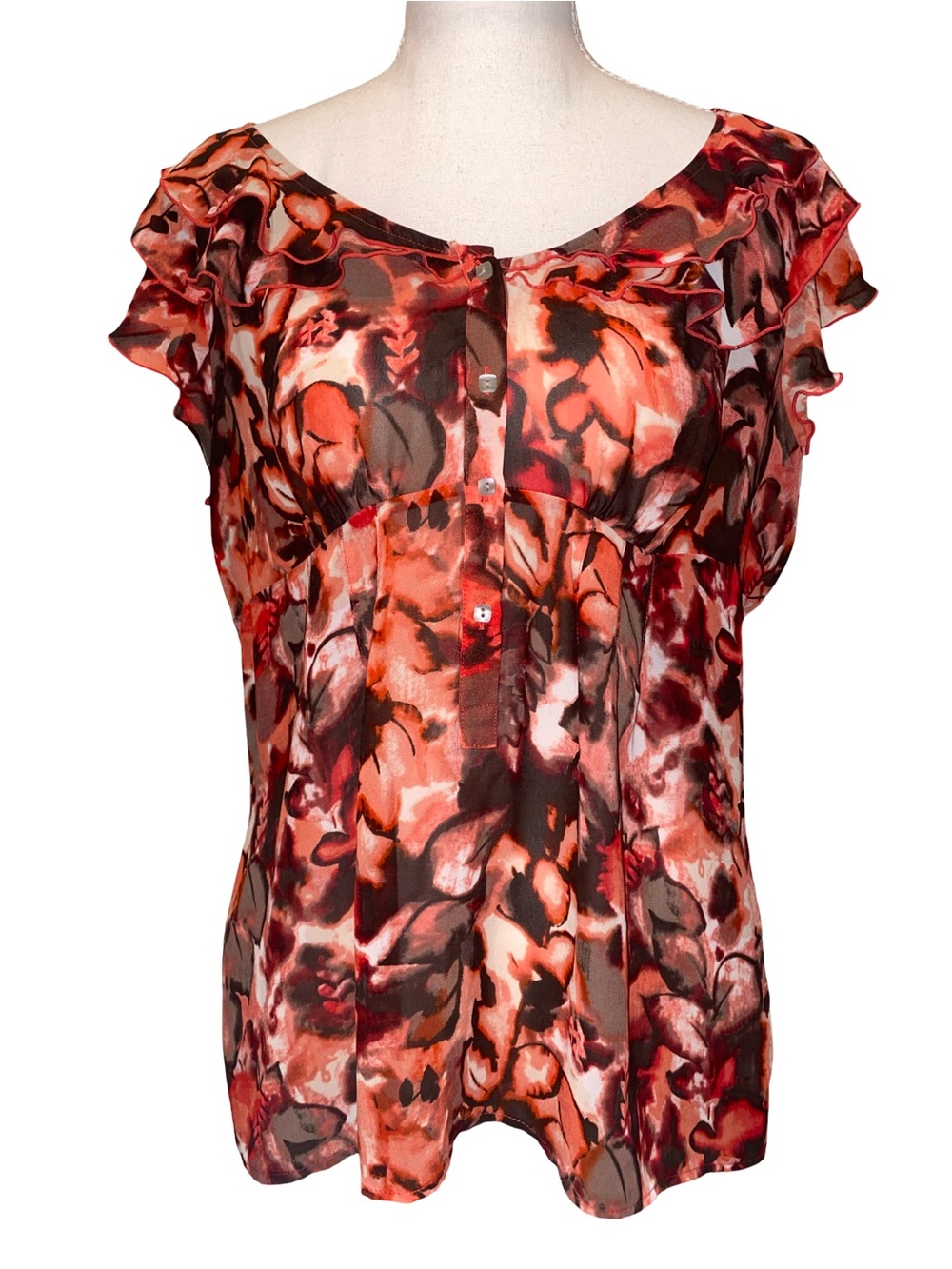 a.n.a Women’s Petite Large PL Floral Ruffle Sleeve Blouse Orange Brown Sheer